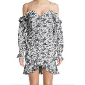 Robert Rodriguez Carmen Ruched Floral Blue and White Off Shoulder Mini Dress 6